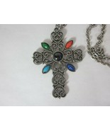 Avon Mosaic Cross Silver Tone Pendant Necklace Vintage multi color 24&quot; - £15.78 GBP