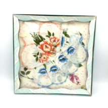 FLORAL colorful printed handkerchiefs box set of 3 - 13&quot; scalloped vintage NOS - £14.95 GBP