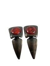 Vintage Norma Jean Clip On Earrings Brutalist Dark Metal Red Stone 2.5&quot; ... - £46.69 GBP