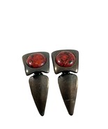 Vintage Norma Jean Clip On Earrings Brutalist Dark Metal Red Stone 2.5&quot; ... - £45.93 GBP