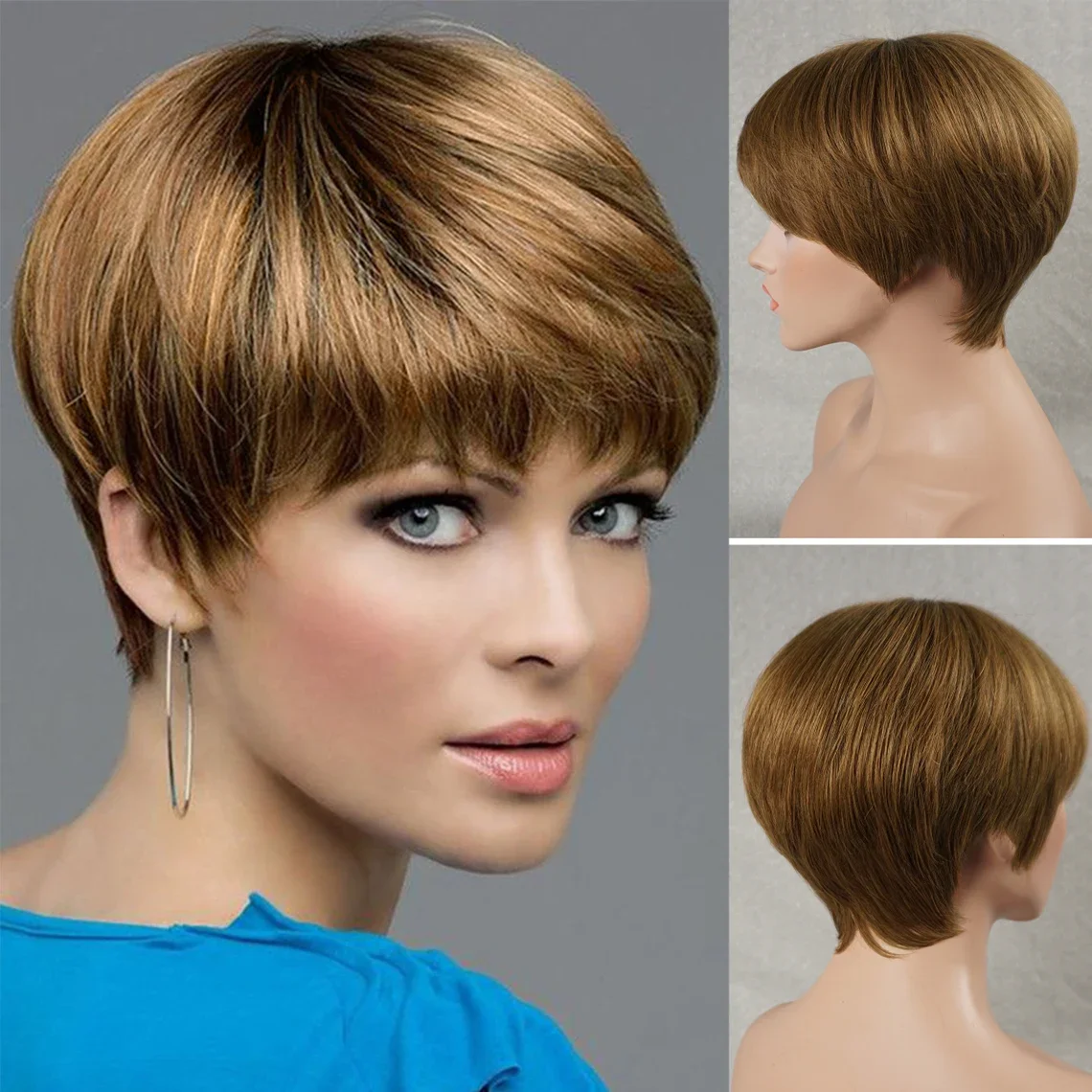 100 Real Human Hair Full Wig Cap 130% Density 6&quot; Short Pixie Cut Glueless W - £49.04 GBP
