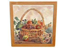 Trivet Tile Fruit Basket Wood Framed Ceramic Judy Buswell 1999 Vtg 7&quot; Sq... - $17.63