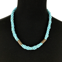 TORSADE turquoise blue glass bead necklace - twisted multi-strand brown wood 21&quot; - £10.45 GBP