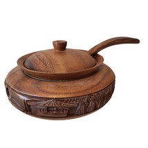 Hand Carved Wooden Wood 6 in Lidded Bowl Spoon Hut Mountain Scenes Lid - £21.11 GBP