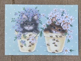 Vintage Kittens In Flower Pots Mint Green Polka Dots Get Well Soon Greeting Card - £3.89 GBP