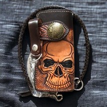 Carved Leather Biker Wallet, Chain Skull Carved Wallet,Leather long chai... - $45.99