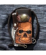 Carved Leather Biker Wallet, Chain Skull Carved Wallet,Leather long chain wallet - $45.99