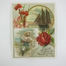 Victorian Trade Card Lion Coffee Woolson Spice Co Sailboat Girl Picks Red Flower - £15.68 GBP