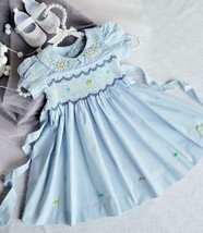 Light Blue Hand-Smocked Embroidered Baby Girl Dress. Toddler Girl Wedding Dress. - £31.96 GBP