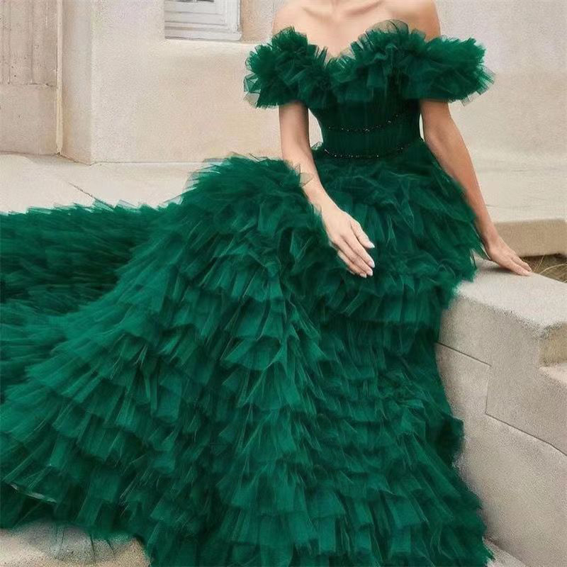 Boat Neck  Ball Gown  Tulle Layers Beading Belt Chapel Train Green Dresses  Even