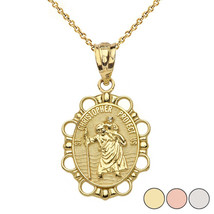 10K Solid Gold Saint St. Christopher Protect Us Oval Pendant Necklace - £117.26 GBP+