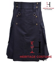 Scottish Handmade 100% Black Cotton Utility Kilt Custom Size Kilts For Men&#39;s - £55.02 GBP+
