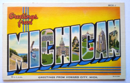 Greetings From Howard City Michigan Large Big Letter Postcard Linen Curt Teich - £30.01 GBP