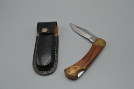 Vintage Hunting Knife Lockback Folding Blade Pakistan w/ Leather Sheath - £11.59 GBP