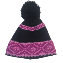Woman&#39;s 100% Wool Faux Pom Pom Black Purple Beanie Winter Hat Cap Beanie - $10.23