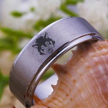Lone Wolf Head Ring Classic Men 8mm Silver Step Tungsten Wedding Band  Anniversa - £28.33 GBP