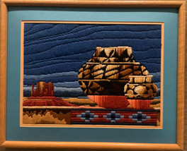 Vintage Southwestern Yarn Embroidery Framed Wall Art Pottery Colorful - £63.69 GBP