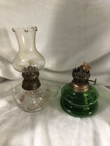 Vintage Mini Oil Lamp  Lot Green &amp; Clear Finger Handle Chimney Has Chip As -Is - £11.72 GBP