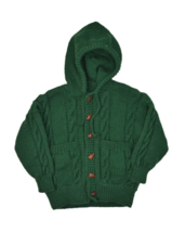 Vintage Wool Sweater Kids Green Hooded Cardigan Chunky Cable Knit Turtle... - $33.72