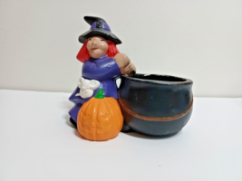 Vintage Halloween Ceramic Witch with Cauldron approx. 4.5&quot;x5&quot; Rare Pumpkin - £13.53 GBP
