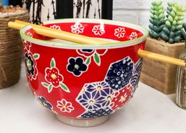 Red Floral Frost Flakes Pasta Ramen Noodles Soup Rice Bowl With Chopstic... - $20.99