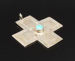 NAVAJO 925 Silver - Vintage Etched Religious Cross Turquoise Pendant - P... - $95.93
