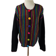 Vintage Embroidered Striped Black Ramie Cotton Cardigan Size L Lisa Long... - $19.99