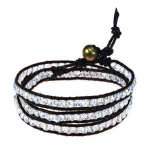 Shiny &amp; Sparkling Crystal Beads with Genuine Leather Wrap Bracelet - £11.91 GBP