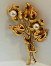 Vintage Signed CORO Gold-tone Faux Pearl Metal Flower Brooch 3.1/4&quot; - £21.02 GBP