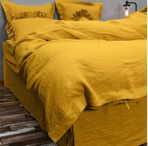 Mustard Yellow 100% Washed Linen Duvet Cover With Button Boho Quilt Doona Cover - £24.97 GBP+