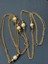 Vintage Very Long Double Goldtone Chain w Faux White Pearl Bead Necklace – - £11.90 GBP