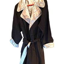 Reversible Women&#39;s Raincoat Black Shiny Silver Buttons Collar Belted Poc... - $49.49