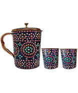 Pure Copper one Jug with two Glass Drinkware Set Hand Painted Outer side - $105.06 CAD