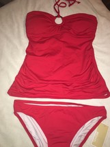 MICHAEL KORS Red Two Piece Tankini Swimsuit Halter Ruched Swim Suit SZ S... - £87.21 GBP