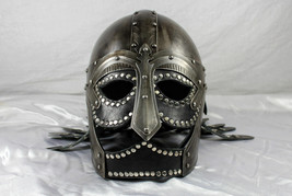 Hand-Forged Steel Viking Helmet W/Black Leather Larp/Steel/Helm Halloween - £310.34 GBP