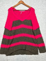 Free People Women&#39;s M V-Neck Striped Knit Sweater Pink Brown Casual - $454.55 MXN