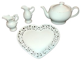 Godinger Teapot Creamer &amp; Lace Border Heart Plate 10&quot; Porcelain 4pc Lot/Set - £39.95 GBP