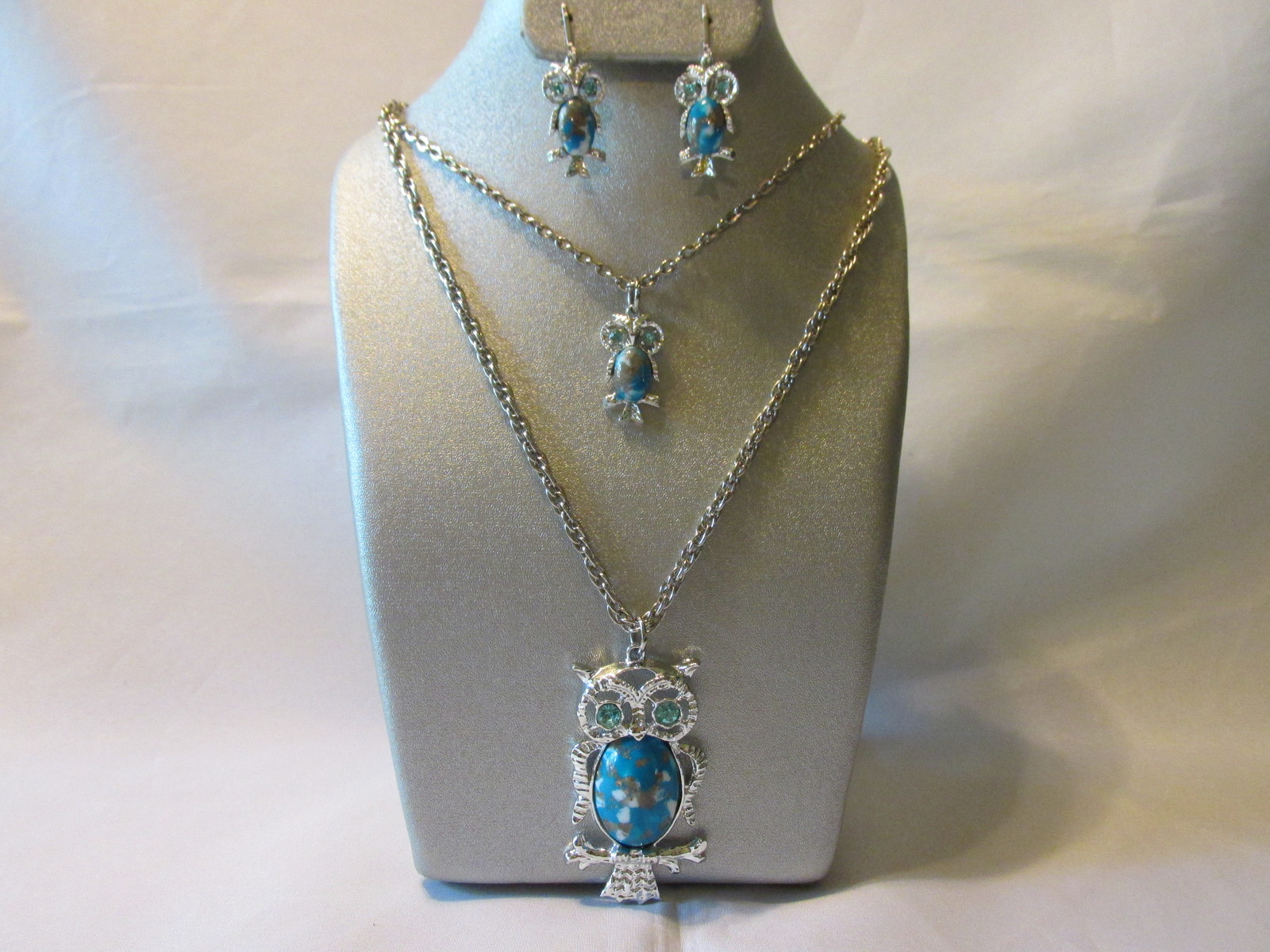 Primary image for Vintage Large & Small Owl Double Pendant Necklace & Earrings Set, Faux Turquoise