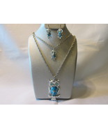 Vintage Large & Small Owl Double Pendant Necklace & Earrings Set, Faux Turquoise - $12.99