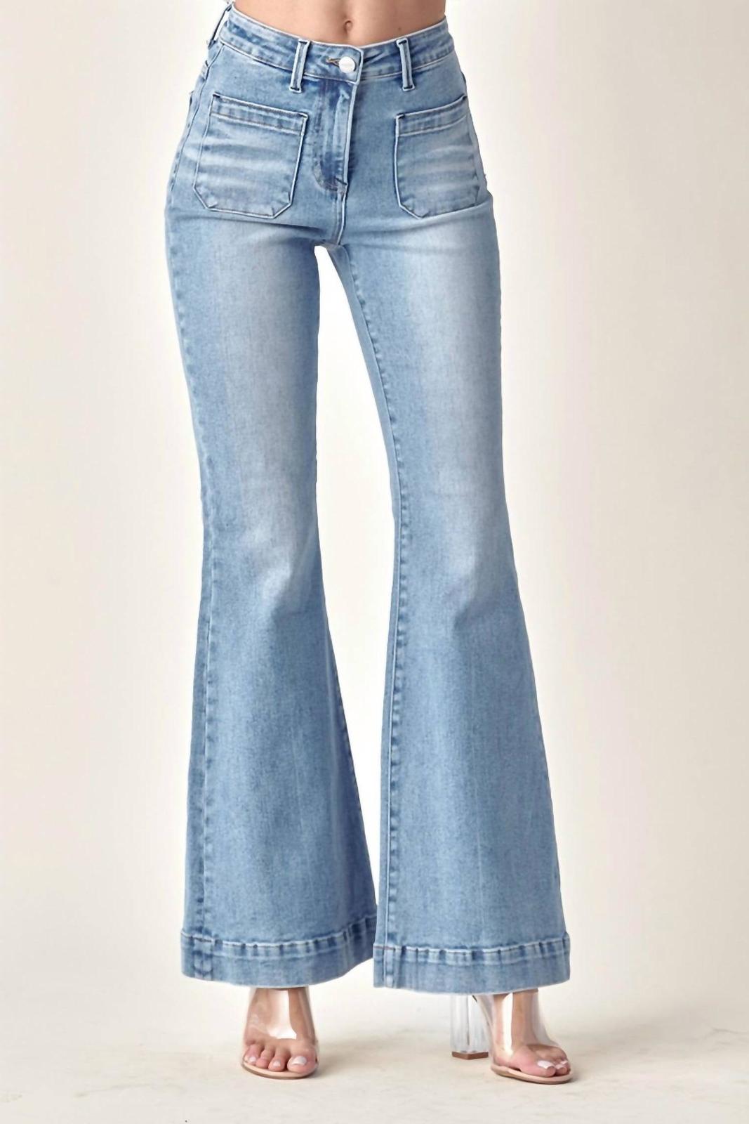 Risen High Rise Patched Pocket Front Flare Jeans Light Denim - $47.00