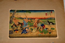 HIROSHIGE-EISEN PRINT Blind Beggers Fighting, 1858 Kiso series, VIBRANT ... - £58.05 GBP