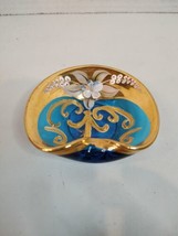 Vintage Antique Bohemian Blue Gold  Enameled Glass Floral Round Pin Trinket Dish - £13.40 GBP