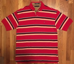 Mens Tommy Hilfiger TH Red Black Tan Striped Short Sleeve Polo Shirt L Large - £19.97 GBP