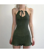 Y2K Knitted Fairy Garbage Green Folding Mini Dress Gothic Retro Open Bac... - £17.74 GBP