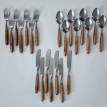 Trend Pacific Sienna MCM Stainless Wood Flatware 22 pc Fork Spoon Knife ... - £52.05 GBP