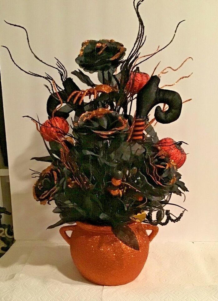 Primary image for Handcrafted Black/Orange Roses w/Black/Orange Pumpkins in Orange Cauldron