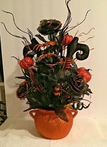 Handcrafted Black/Orange Roses w/Black/Orange Pumpkins in Orange Cauldron - $24.99