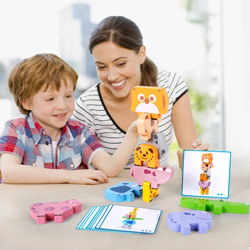 Wooden Animal Stacking Blocks Toy Shape Matching Puzzles Game Balance Fine Motor - £21.38 GBP