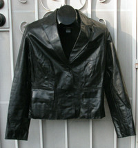 HUGO BUSCATI ~ VTG Black Women&#39;s 100% Leather Jacket Lined Sz 12 ~ SHIPS... - £37.73 GBP