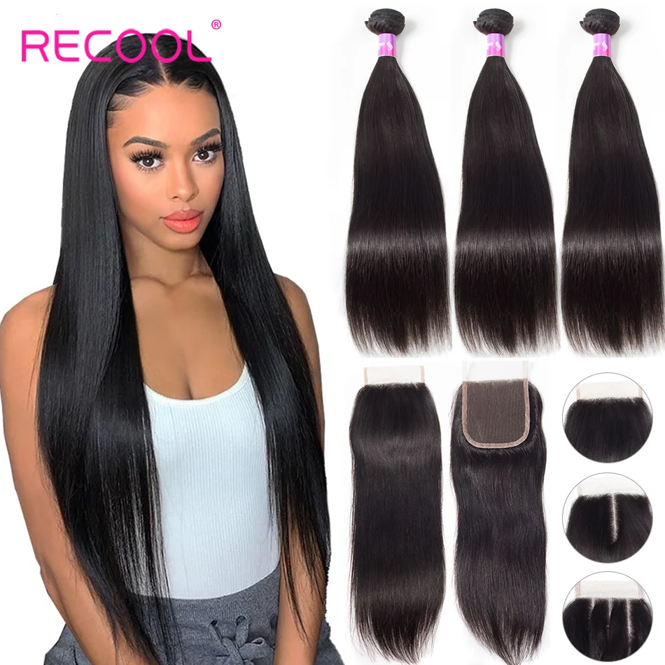 Recool Straight Hair Bundles With Closure Brazilian Remy Hair Weave 3 Bundles - £118.39 GBP+